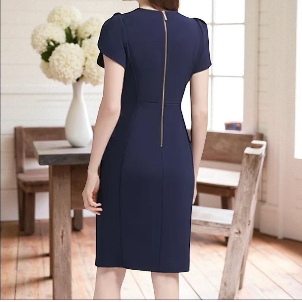 NWOT Calvin Klein True Navy Tulip Sheath Dress with Gold Back Zipper - Picture 2 of 8